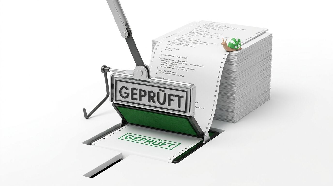 Großer Stempel „GEPRÜFT“ druckt auf Endlospapier mit Quellcode, daneben Schnecke