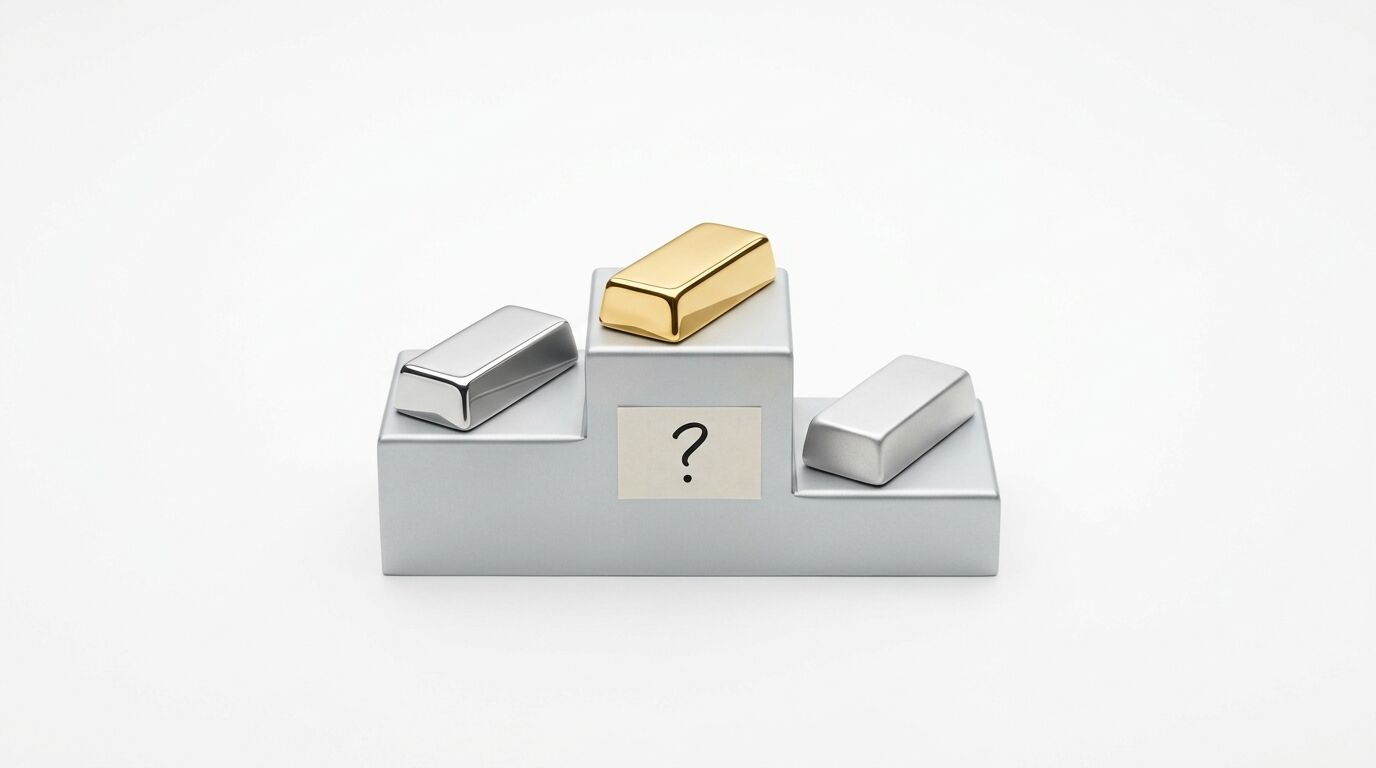 Podium mit Gold-, zwei Silberbarren und einem Fragezeichen auf weißem Grund