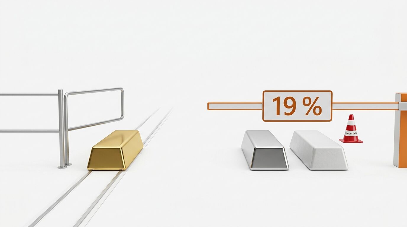Ein Goldbarren links und zwei Silberbarren rechts neben einer Schranke mit 