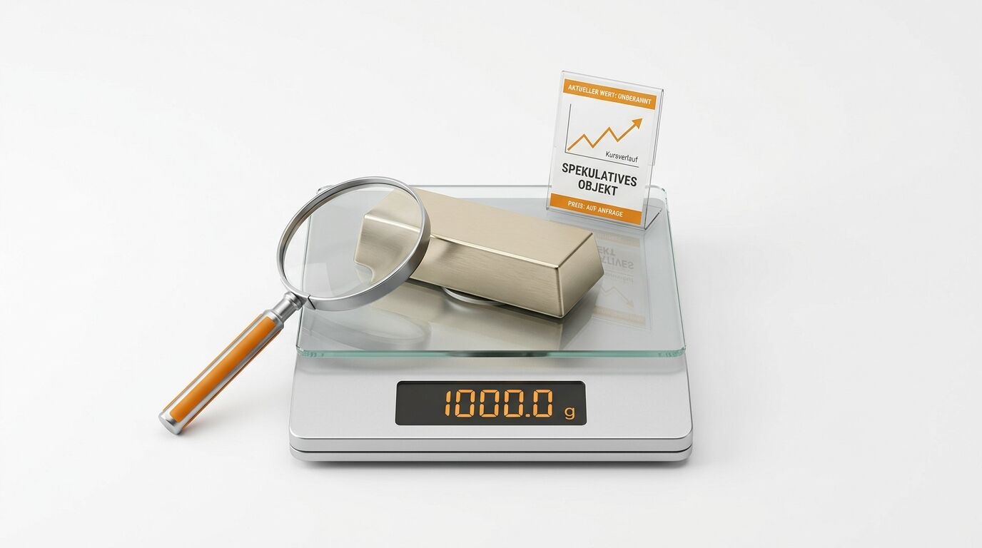 Goldbarren auf Waage mit 1000g, Lupe daneben und Schild „spekulatives Objekt“ vor weißem Grund
