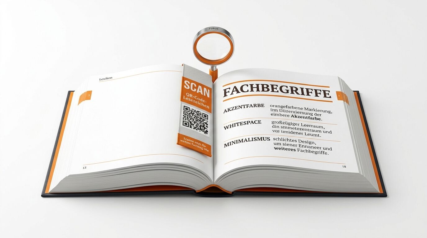 Aufgeschlagenes Fachbuch mit Lupe und QR-Code vor weißem Hintergrund