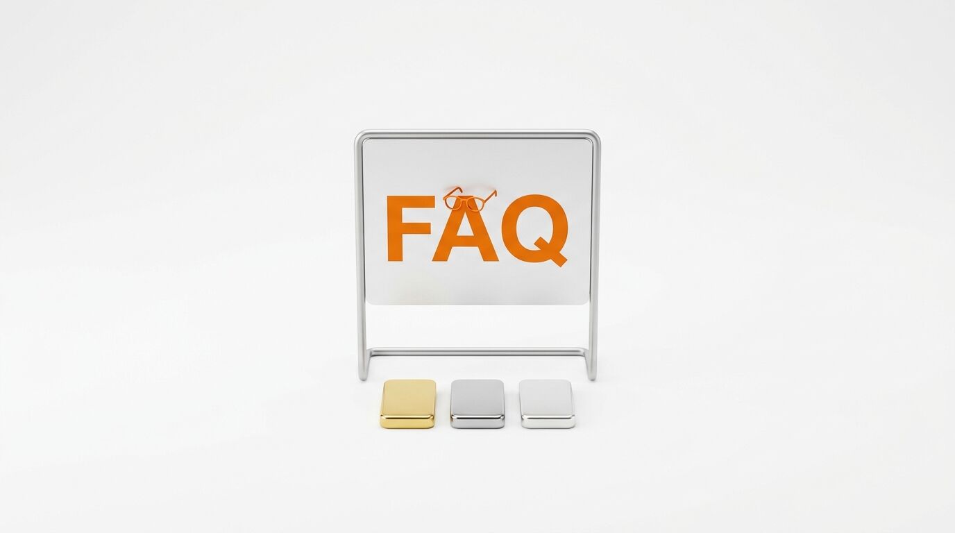 Schild mit oranger Schrift „FAQ“ und Brille, drei Kästchen darunter, alles vor weißem Hintergrund