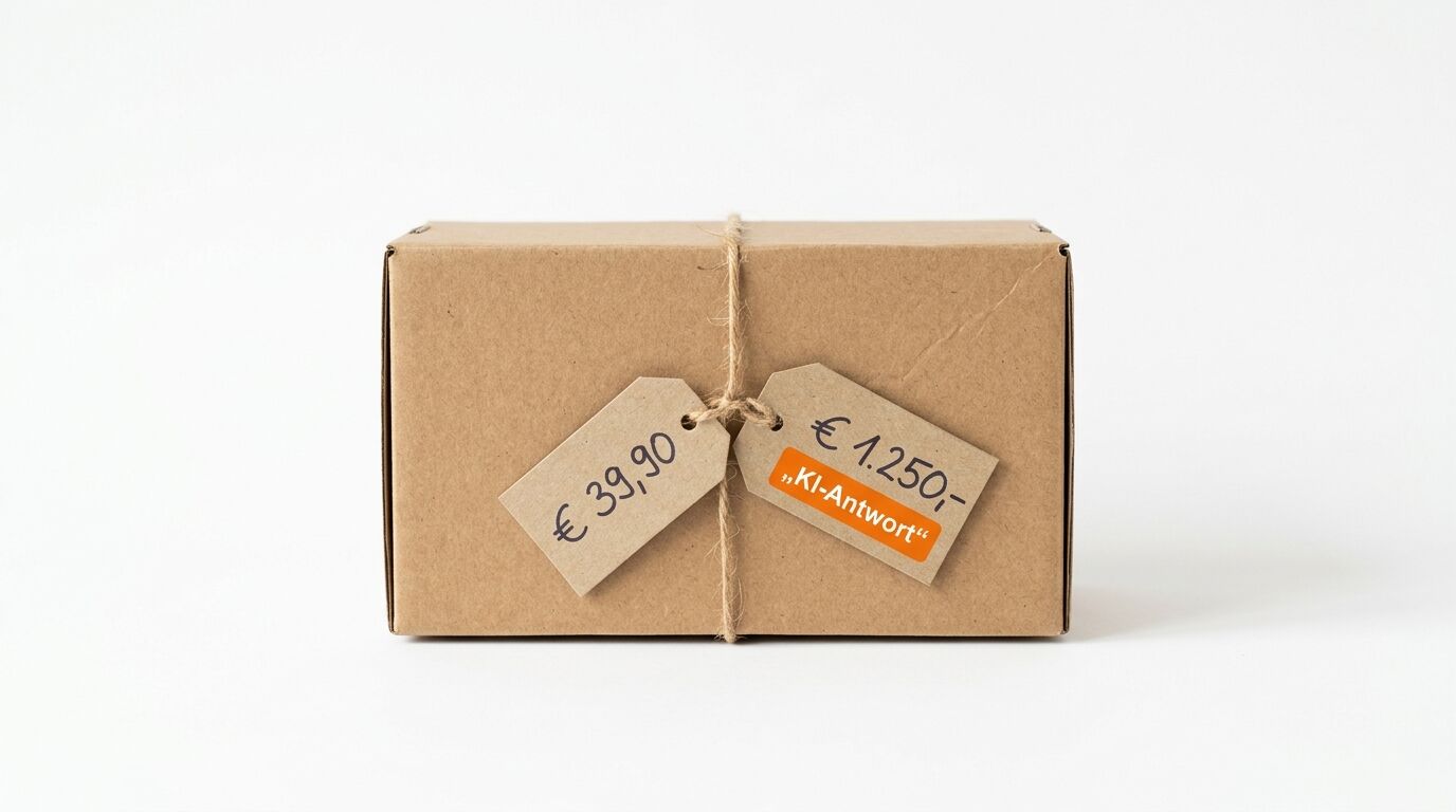 Ein Karton mit zwei Preisschildern: „€ 39,90“ und „€ 1.250,– / „KI-Antwort““
