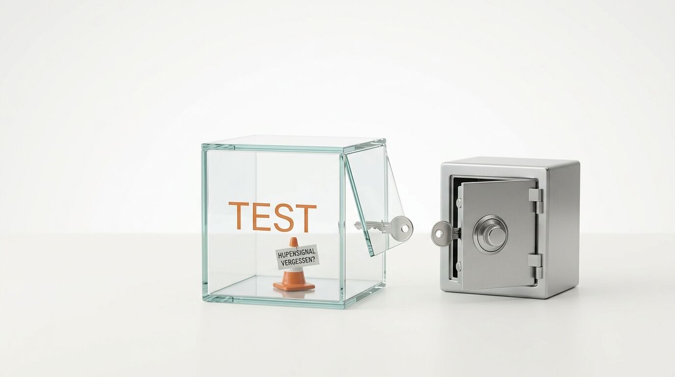 Glaskasten mit Hütchen und „TEST“-Aufdruck, daneben geöffneter Metallsafe mit Schlüssel