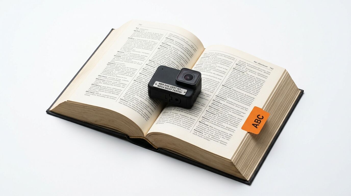 Offenes Buch mit Action-Cam und orangefarbenem Lesezeichen auf weißem Grund