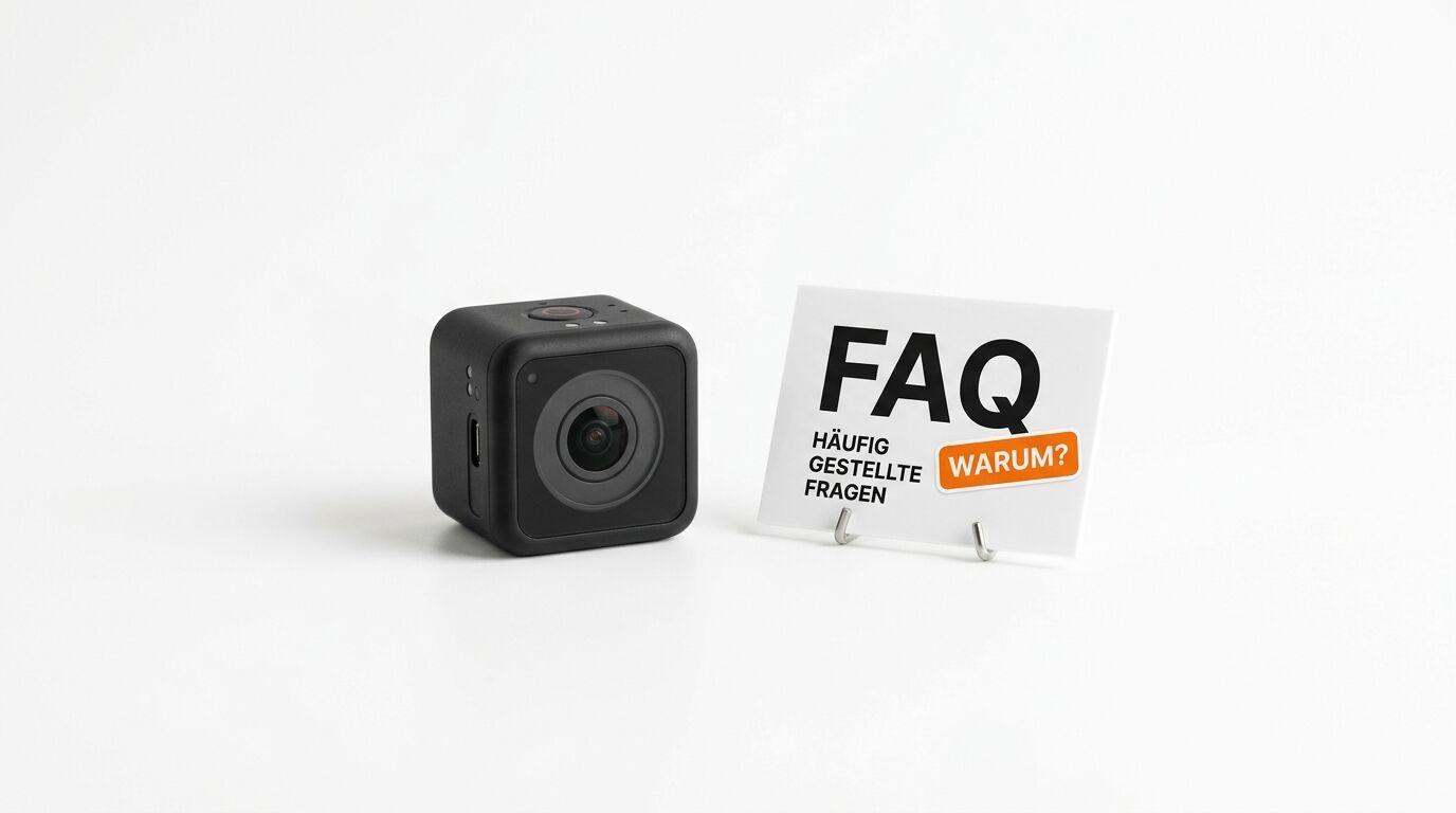 Schwarze Würfelkamera neben einem FAQ-Aufsteller auf weißem Grund