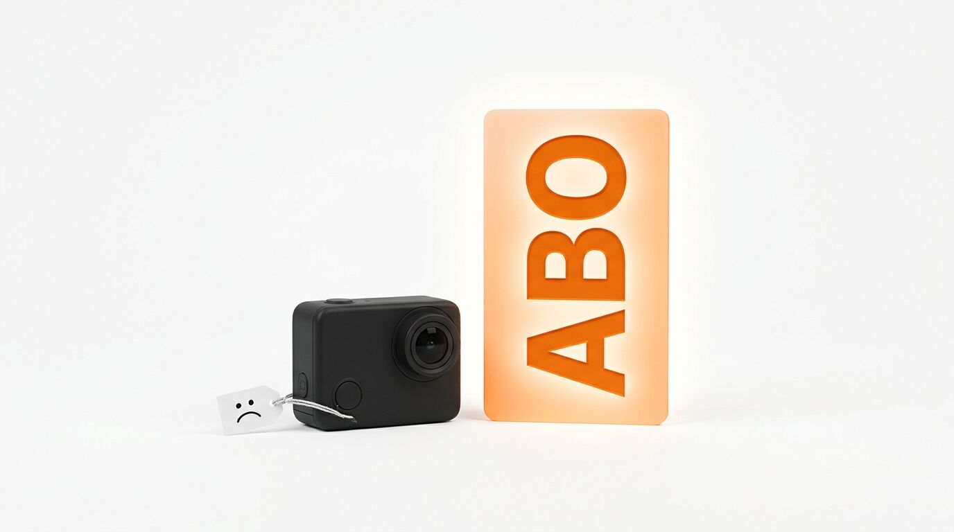 Action-Kamera mit traurigem Smiley-Etikett neben leuchtendem „ABO“-Schild