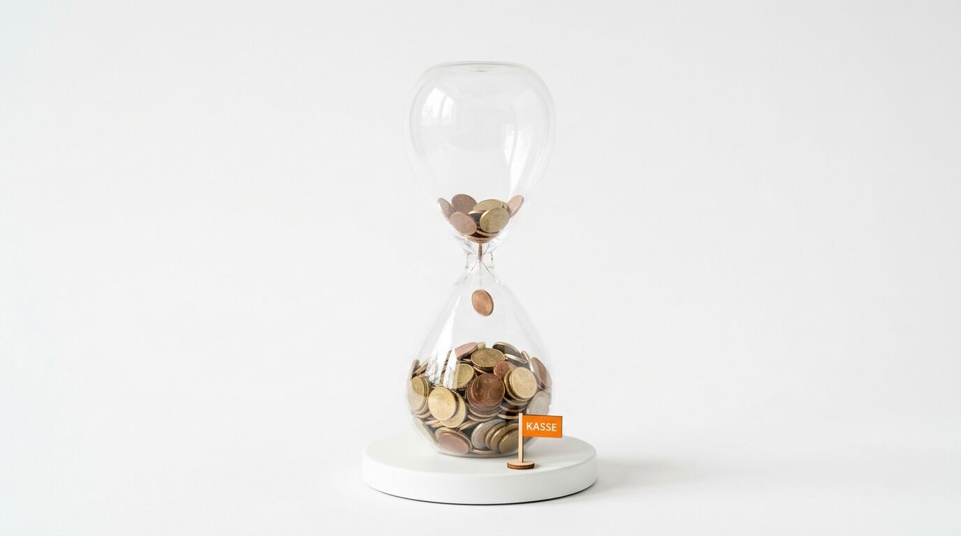 Sanduhr mit Euromünzen statt Sand und kleinem orangefarbenem Schild mit Aufschrift