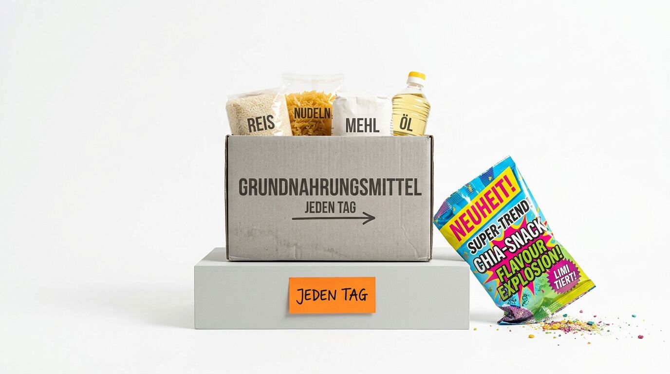Karton mit Grundnahrungsmitteln, daneben bunte Snack-Verpackung