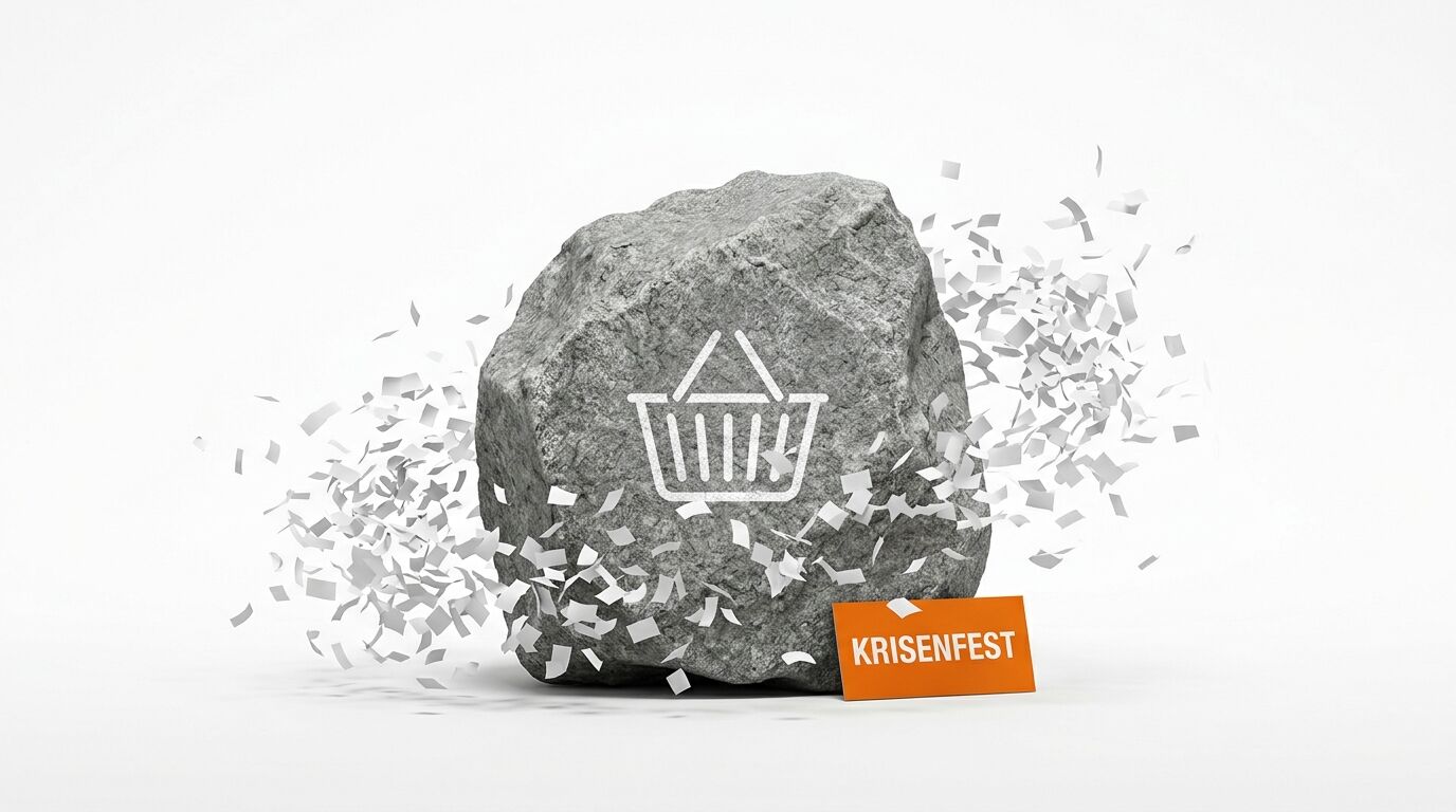 Stein mit Warenkorbsymbol, fliegenden Papierschnipseln und dem Wort