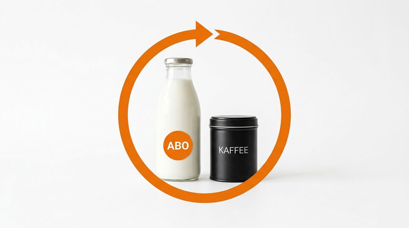 Milchflasche und Kaffeedose in einem orangefarbenen Kreislaufpfeil