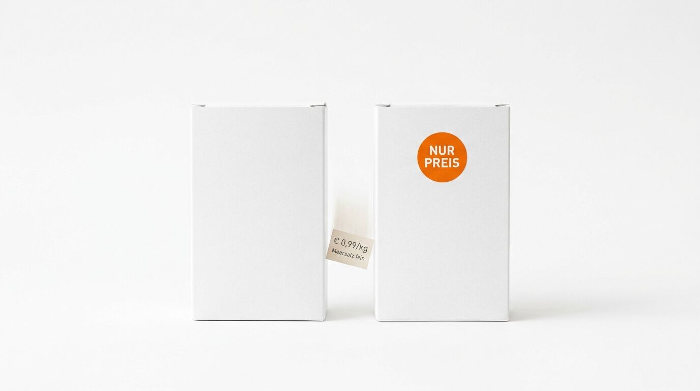 Zwei weiße Schachteln vor weißem Hintergrund. Eine mit „NUR PREIS“-Sticker, die andere mit Preisschild