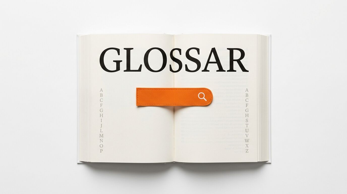 Offenes Buch mit Titel „GLOSSAR“ und orangefarbenem Lesezeichen auf weißem Grund