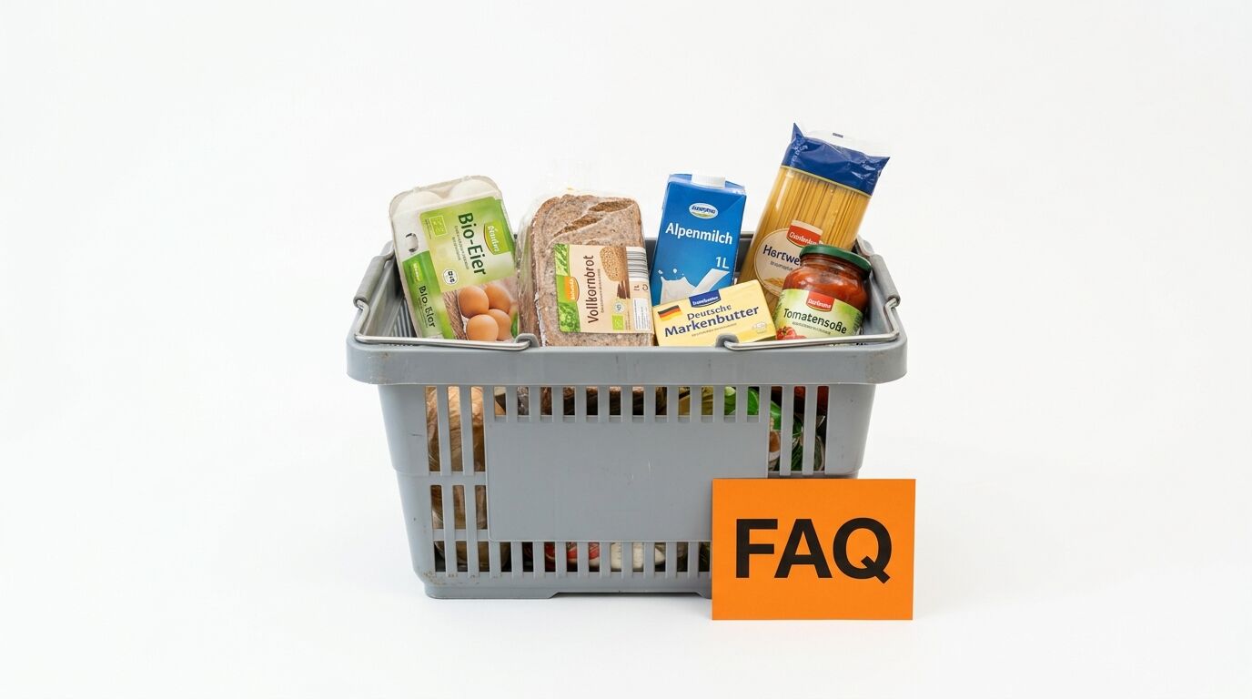 Einkaufskorb mit Lebensmitteln und einem orangen „FAQ“-Schild