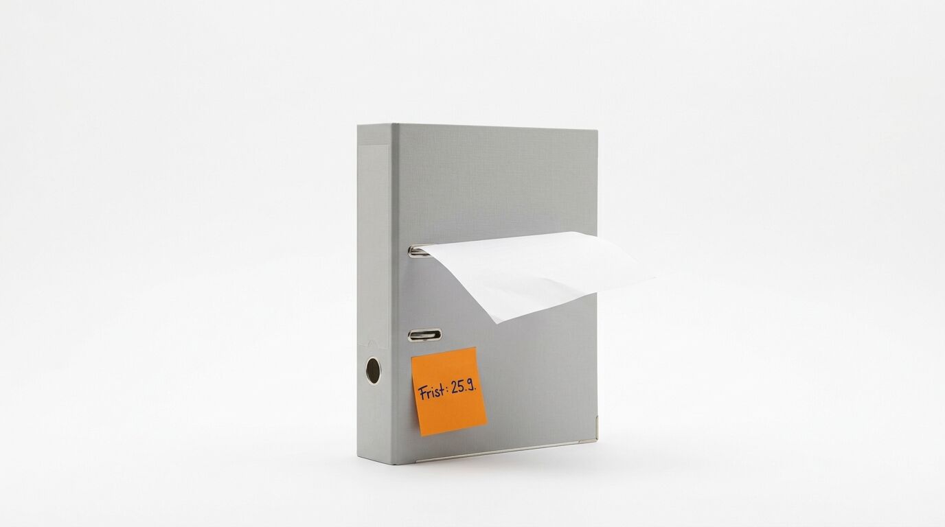 Grauer Aktenordner mit weißem Papier und orangefarbenem Haftnotizzettel „Frist: 25.9.“