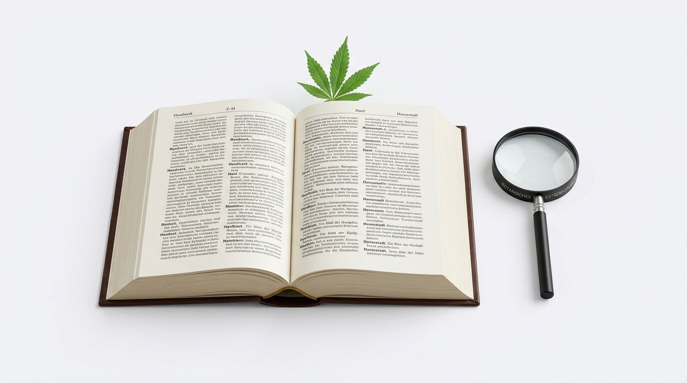 Ein offenes Buch mit einem Hanfblatt in der Mitte und einer Lupe daneben