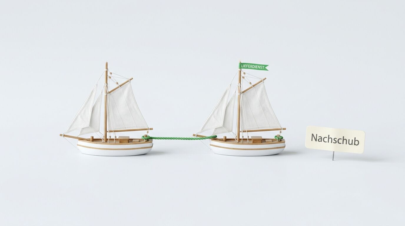 Zwei Segelboot-Modelle mit Verbindungsseil und Schild