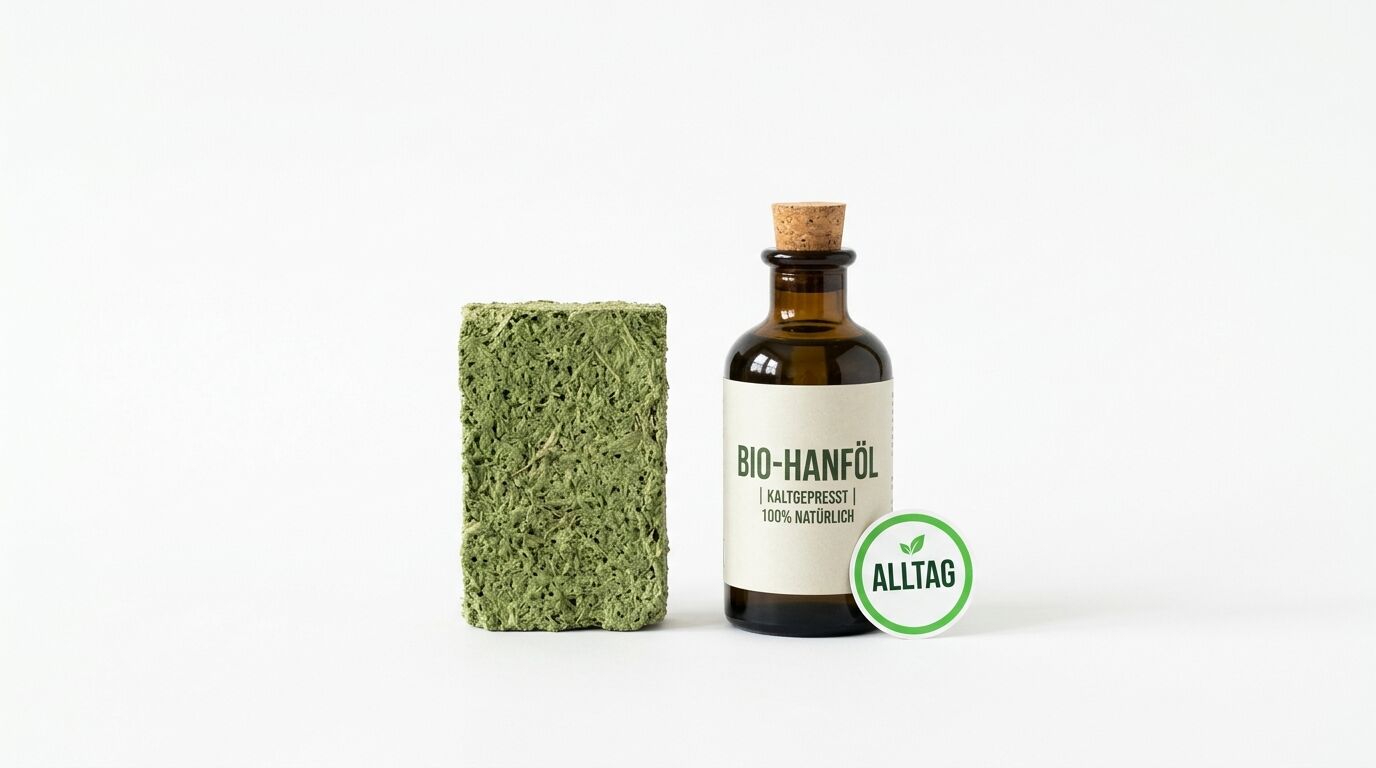 Grüner Brikett und braune Bio-Hanfölflasche