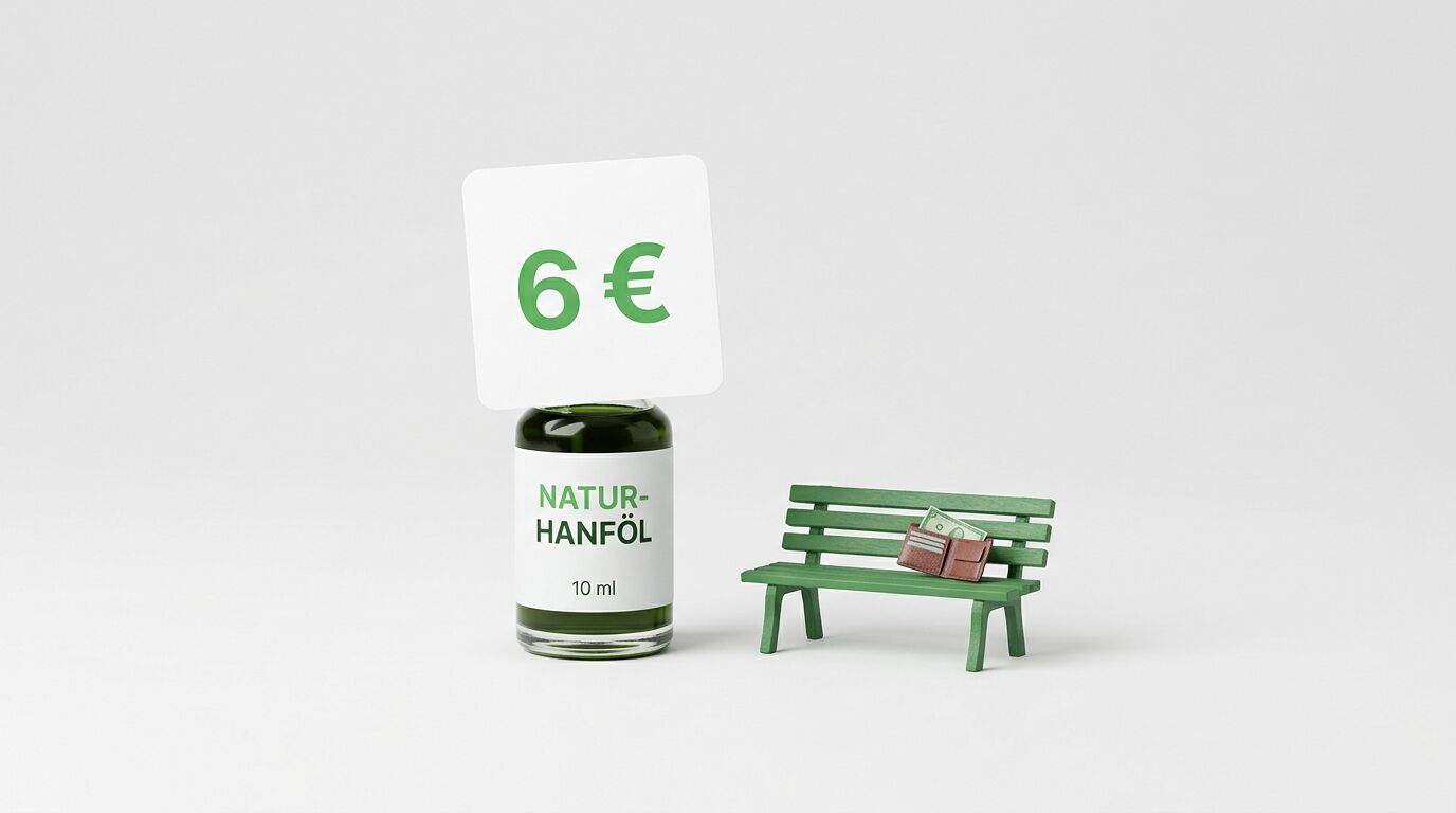 Fläschchen Natur-Hanföl mit 6 € Preisschild neben Miniaturbank mit Geldbörse