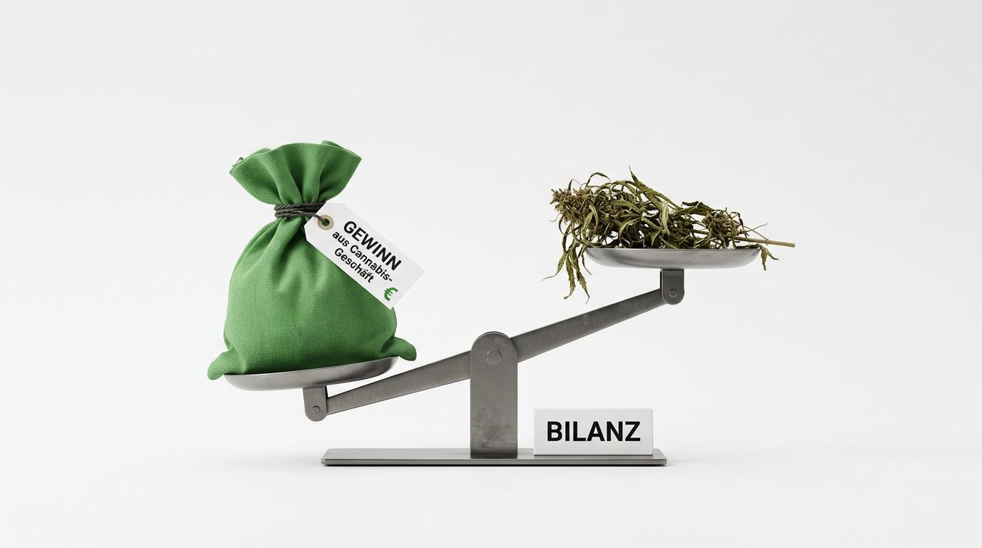 Eine Balkenwaage, die einen grünen Geldsack und getrocknete Pflanzen auf weißem Grund vergleicht