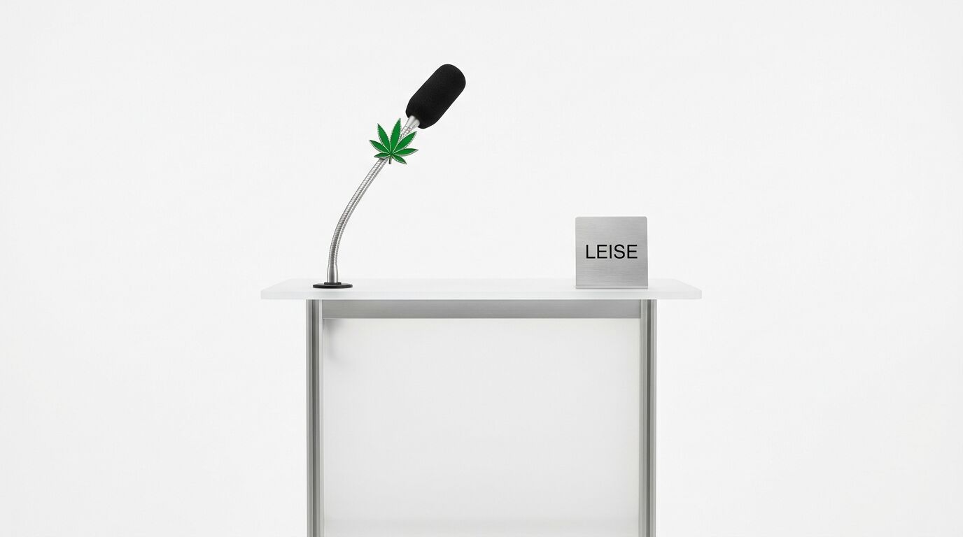 Mikrofon mit Cannabisblatt und Schild „LEISE“ auf Rednerpult