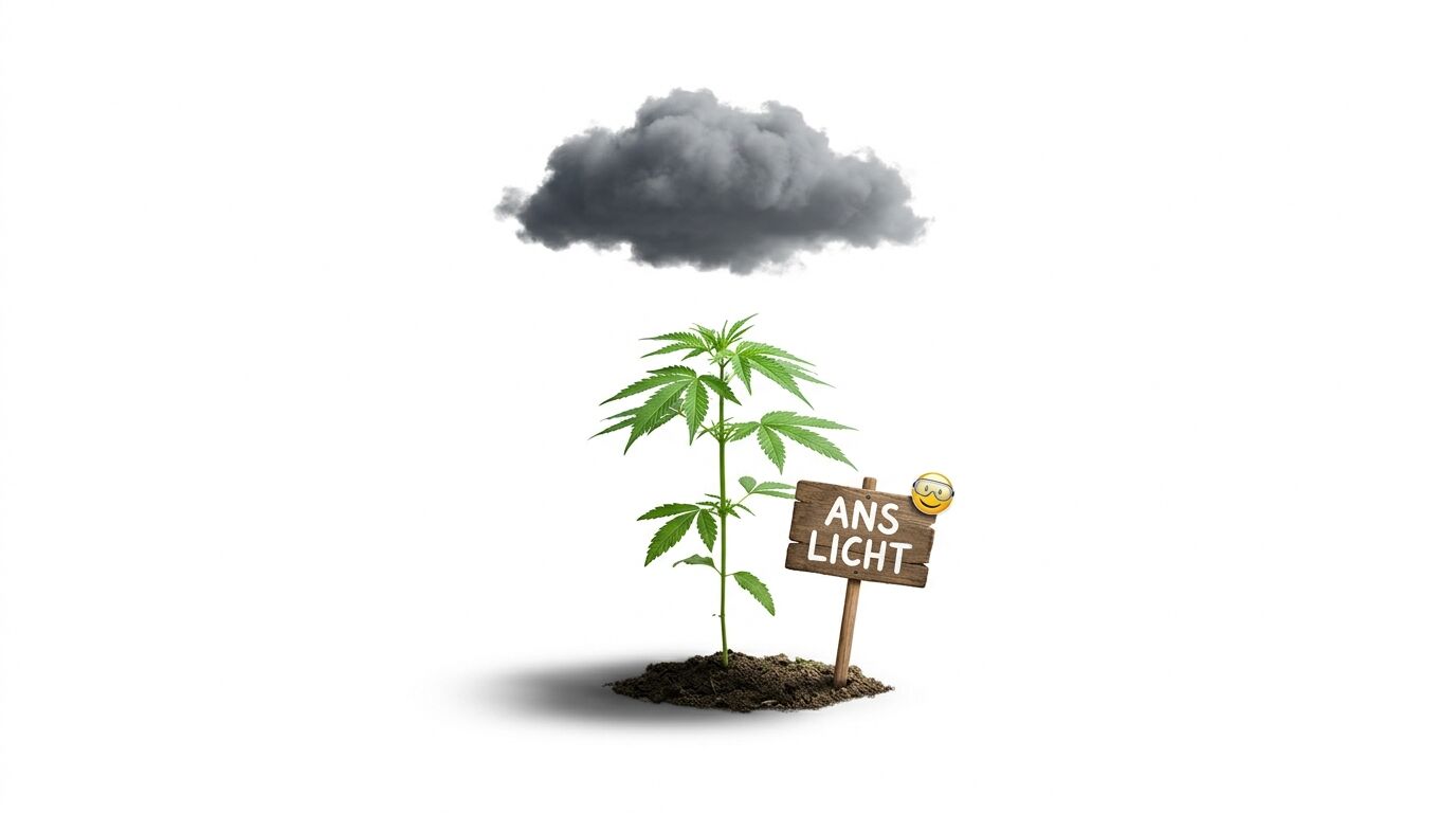 Cannabispflanze unter Wolke mit Holzschild