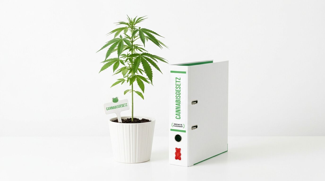Hanfpflanze im Topf und Aktenordner mit „Cannabisgesetz“-Aufschrift