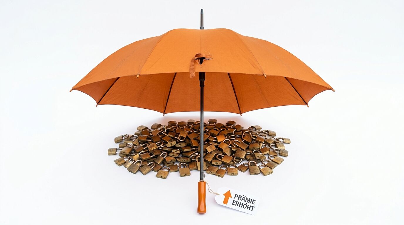 Kaputter Regenschirm über Schlössern mit Anhänger „PRÄMIE ERHÖHT“