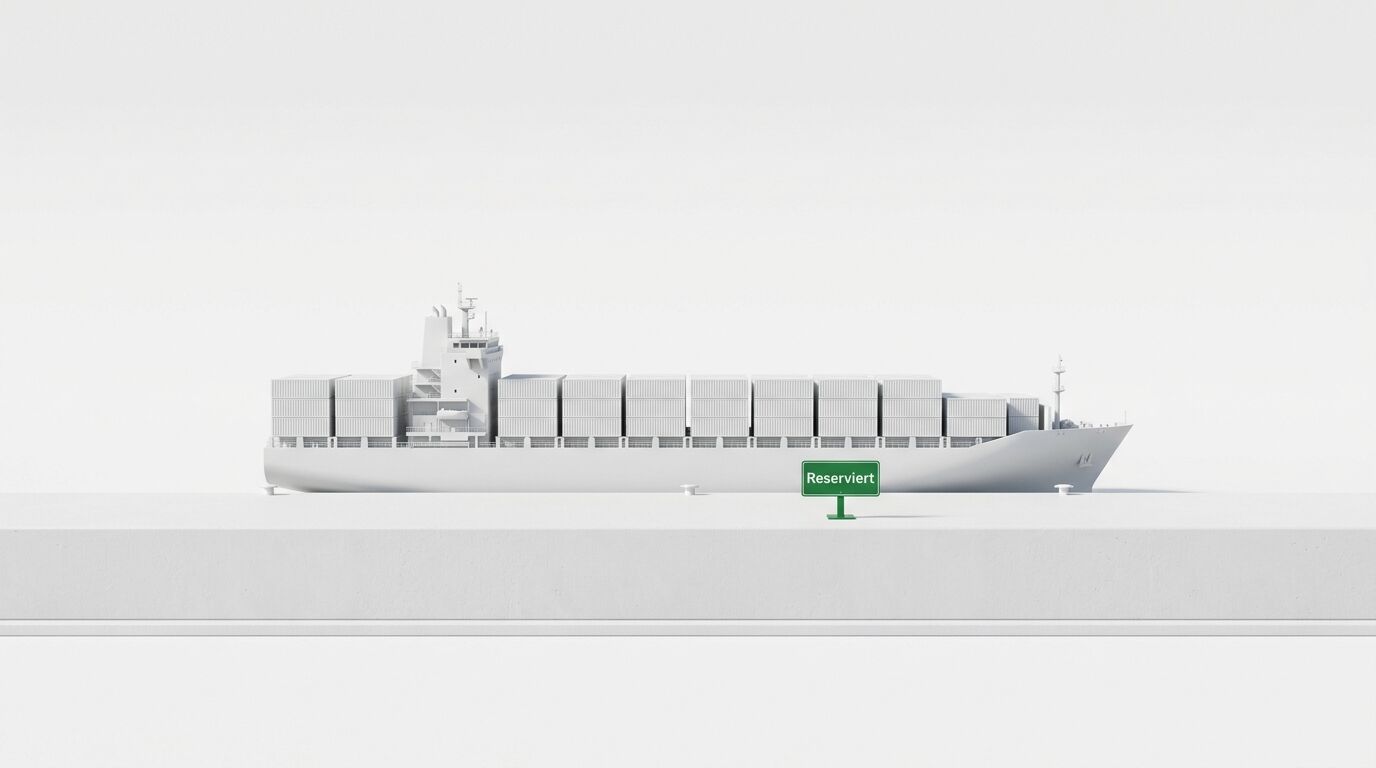 Modell eines Containerschiffs in Seitenansicht und grünes Schild mit weißem Text „Reserviert“