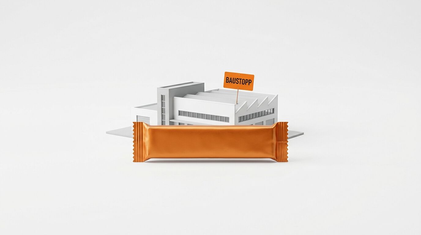 Ein Riegel vor einem Modellbauwerk mit einem Schild „BAUSTOPP“ auf weißem Grund