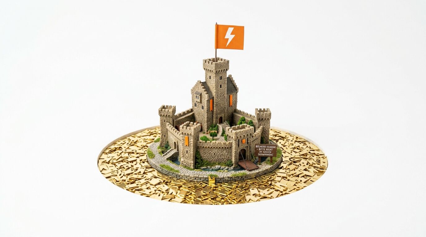 Diorama-Modell einer mittelalterlichen Burg, umgeben von einem Meer aus glänzenden, flachen Gold- oder Metallchips, isoliert auf weißem Hintergrund