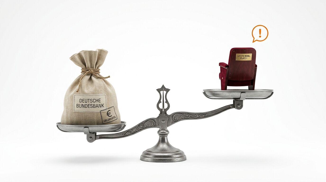 Waage mit Geldsack der Bundesbank und Kinosessel, beide im Gleichgewicht