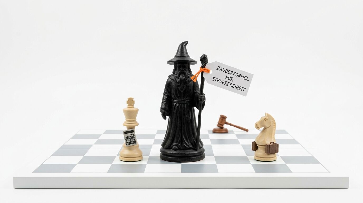 Ein Magier, zwei Schachfiguren und ein Auktionshammer auf einem Schachbrett vor weißem Hintergrund