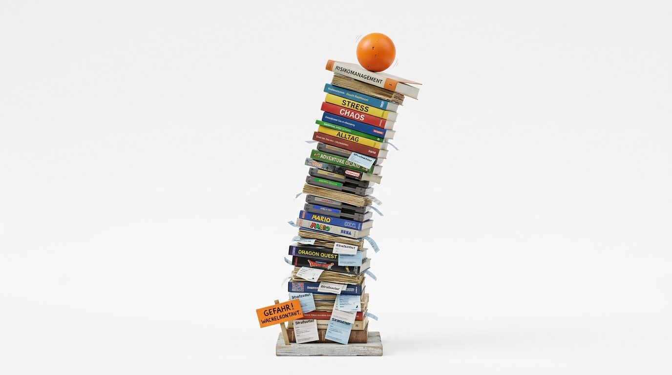 Instabiler Stapel aus Büchern, Schildern und Notizzetteln mit orangefarbenem Ball auf weißem Grund
