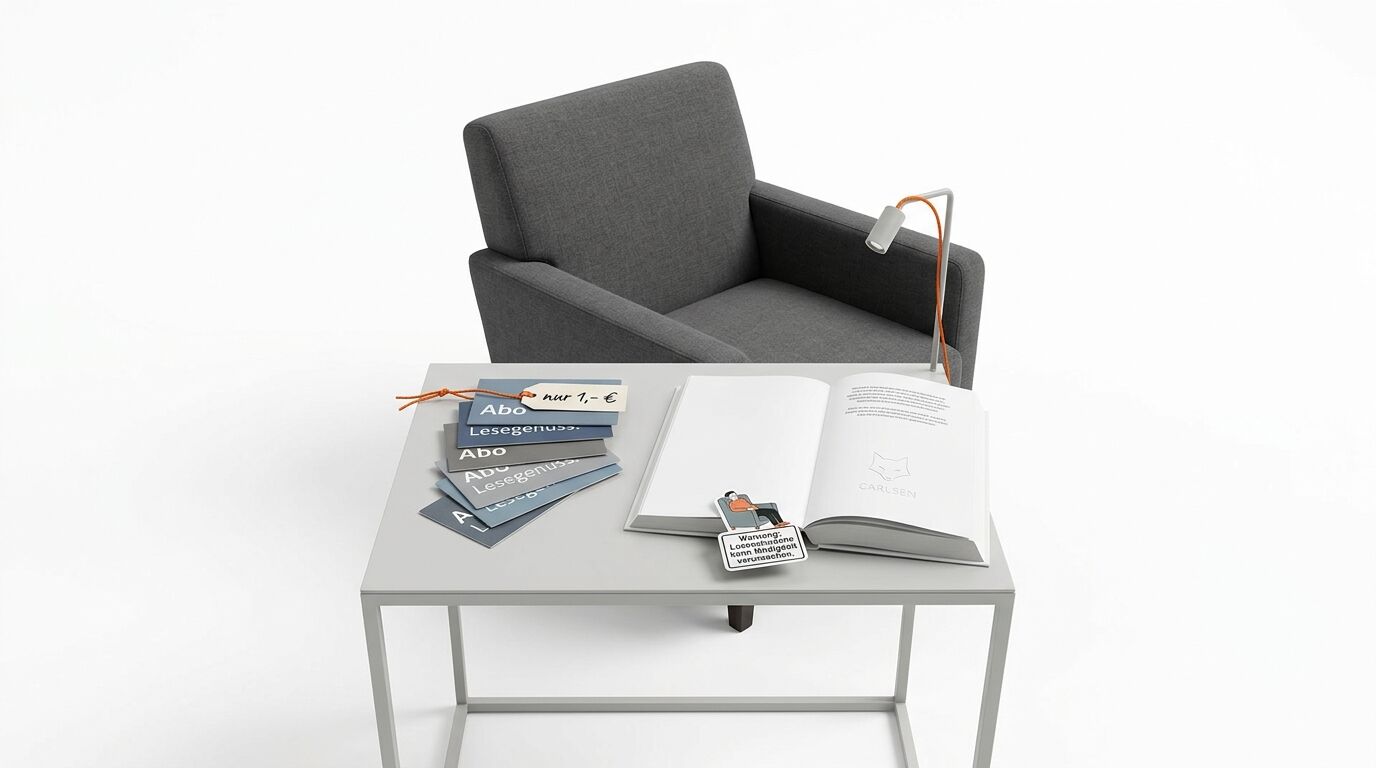 Grauer Sessel mit Beistelltisch, darauf Broschüren, ein Buch und eine Lampe