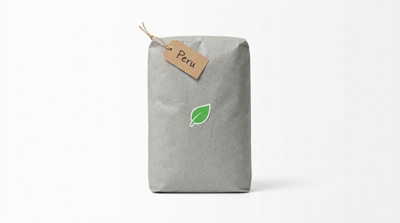 Graue Papiertüte mit grünem Blatt-Logo und einem Anhänger mit der Aufschrift „Peru“