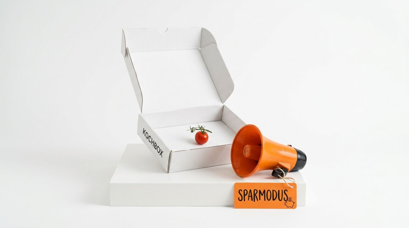 Offene Kochbox mit Tomate, orangefarbenes Megaphon und Sparmodus-Schild