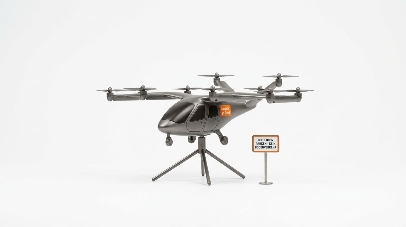 Modell eines Flugtaxis auf Ständer mit Hinweisschild „BITTE OBEN PARKEN - KEIN BODENVERKEHR“