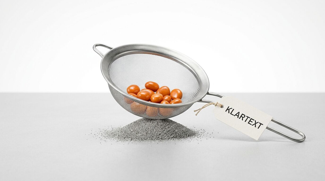 Sieb mit orangefarbenen Pillen und „KLARTEXT“-Schild über Granulat auf grauem Grund