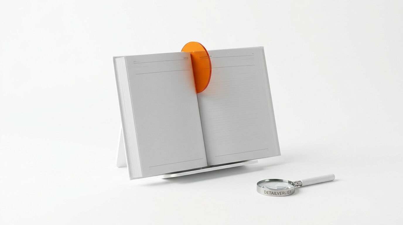 Ein offenes Notizbuch auf einem Ständer mit orangefarbenem Detail und einer Lupe