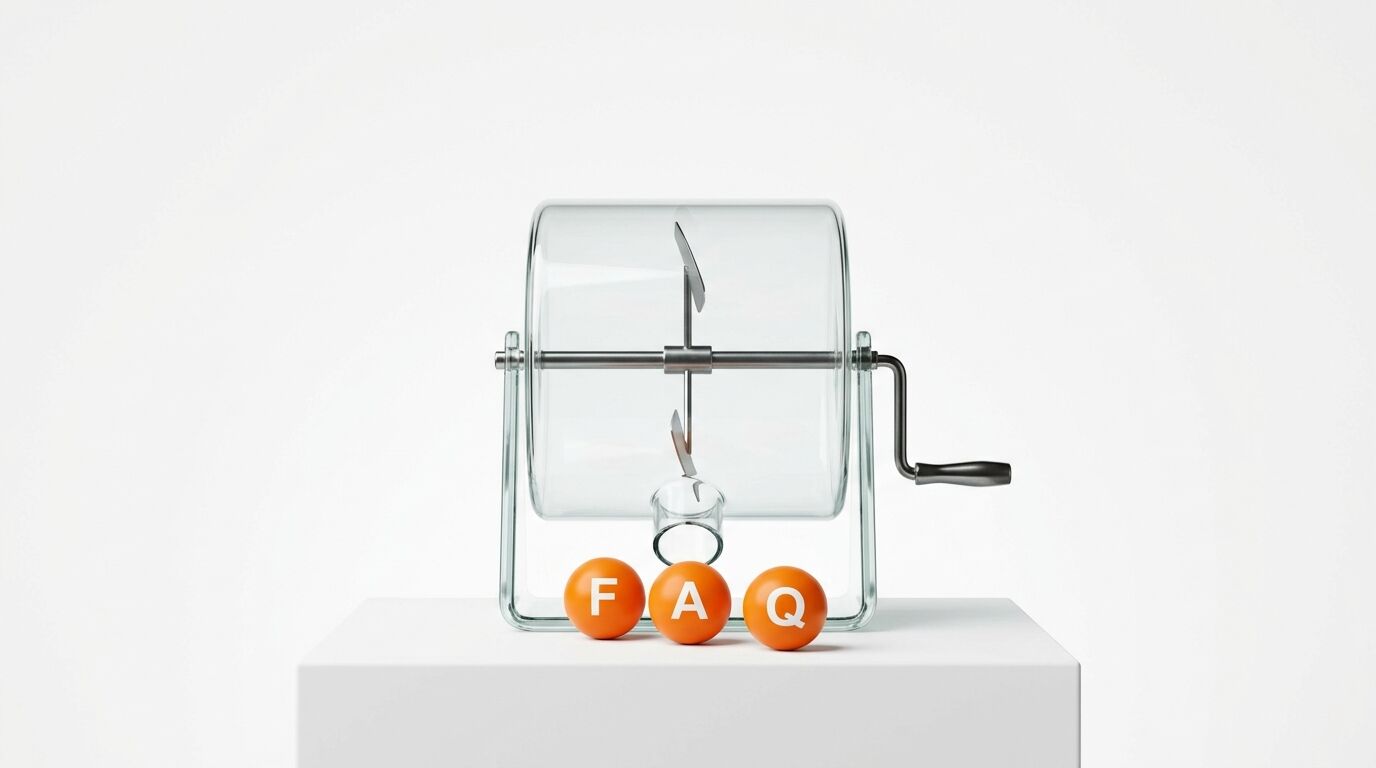 Eine gläserne Lostrommel und drei orangefarbene Kugeln, die das Wort FAQ bilden