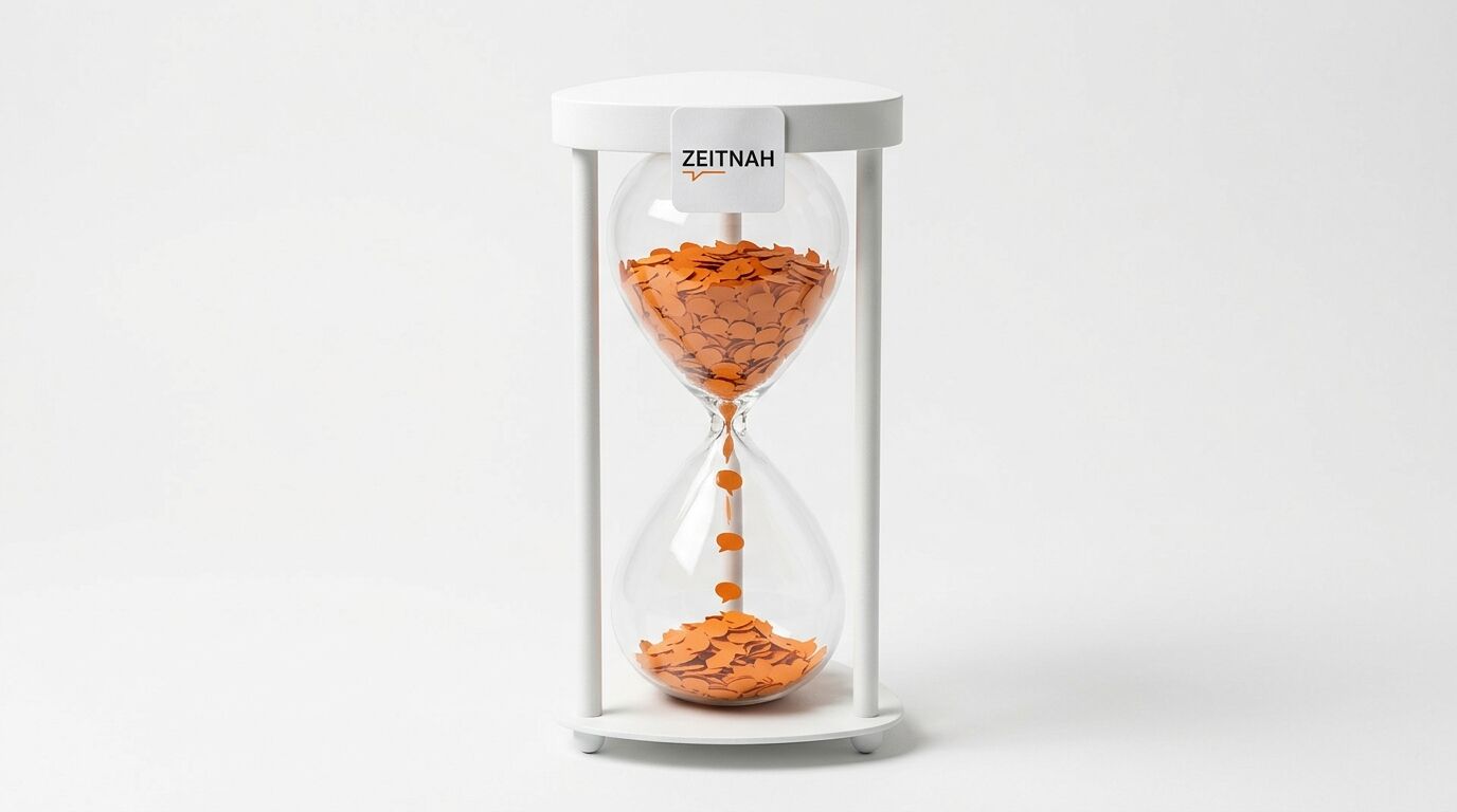 Eine weiße Sanduhr mit orangeroten, scheibenförmigen Partikeln