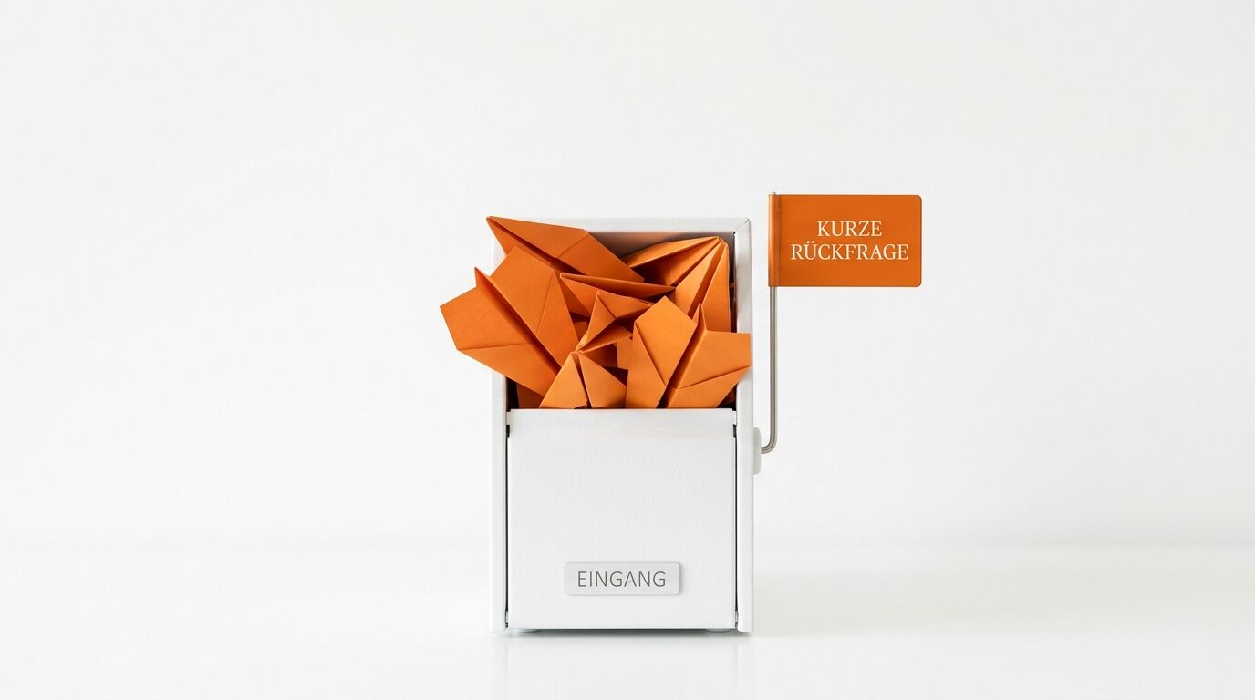 Kasten mit orangefarbenen Papierfliegern, Fahne mit