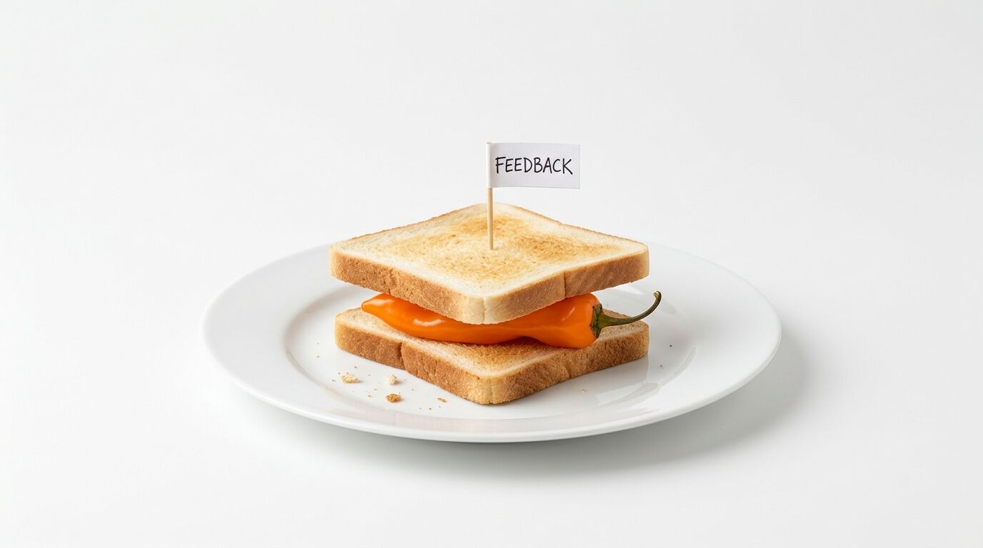 Ein Sandwich aus Toast und einer Paprika mit „FEEDBACK“-Fähnchen auf einem Teller