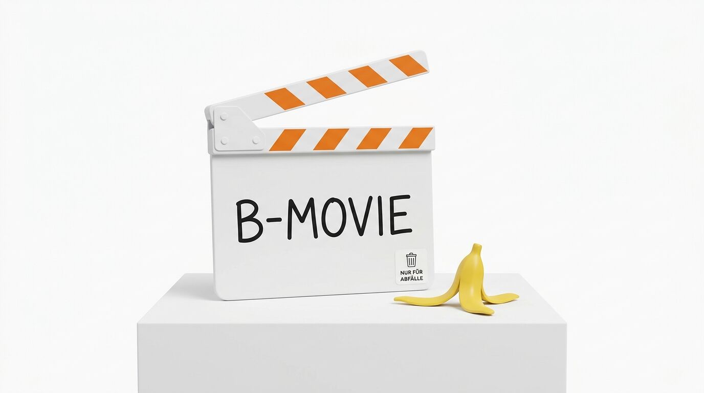 Filmklappe mit Aufschrift B-MOVIE und Bananenschale auf weißem Sockel