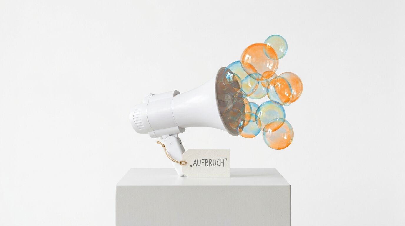 Weißes Megafon auf Sockel, aus dem bunte Seifenblasen strömen, mit Schild „AUFBRUCH“