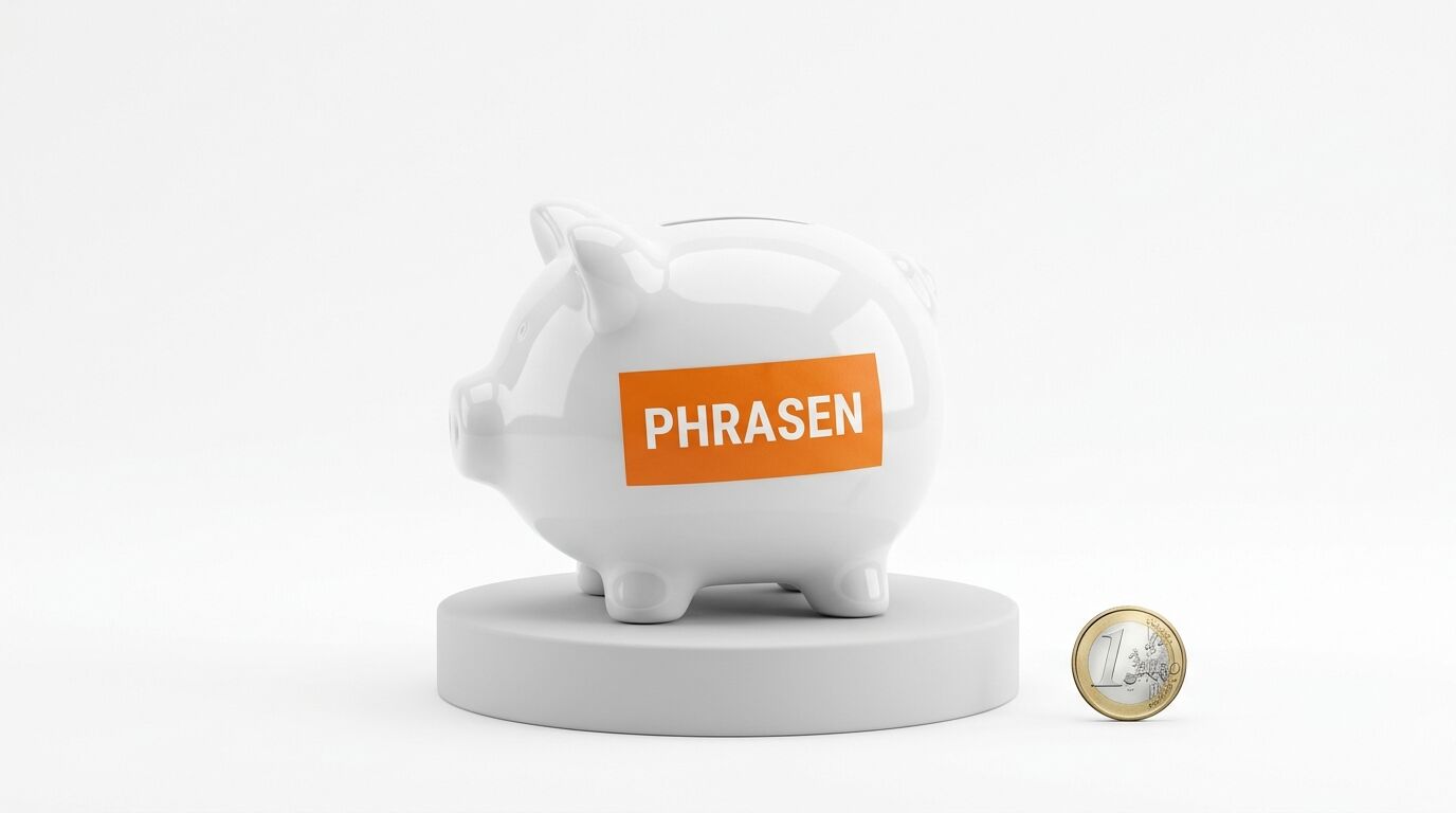 Sparschwein mit Aufdruck „PHRASEN“ auf einem Podest und eine 1-Euro-Münze