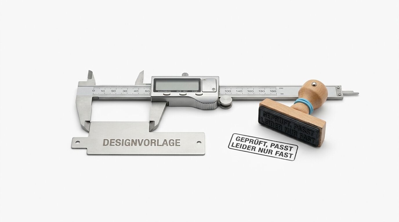 Digitale Schieblehre mit Designvorlage und Stempel mit deutscher Aufschrift auf weißem Hintergrund