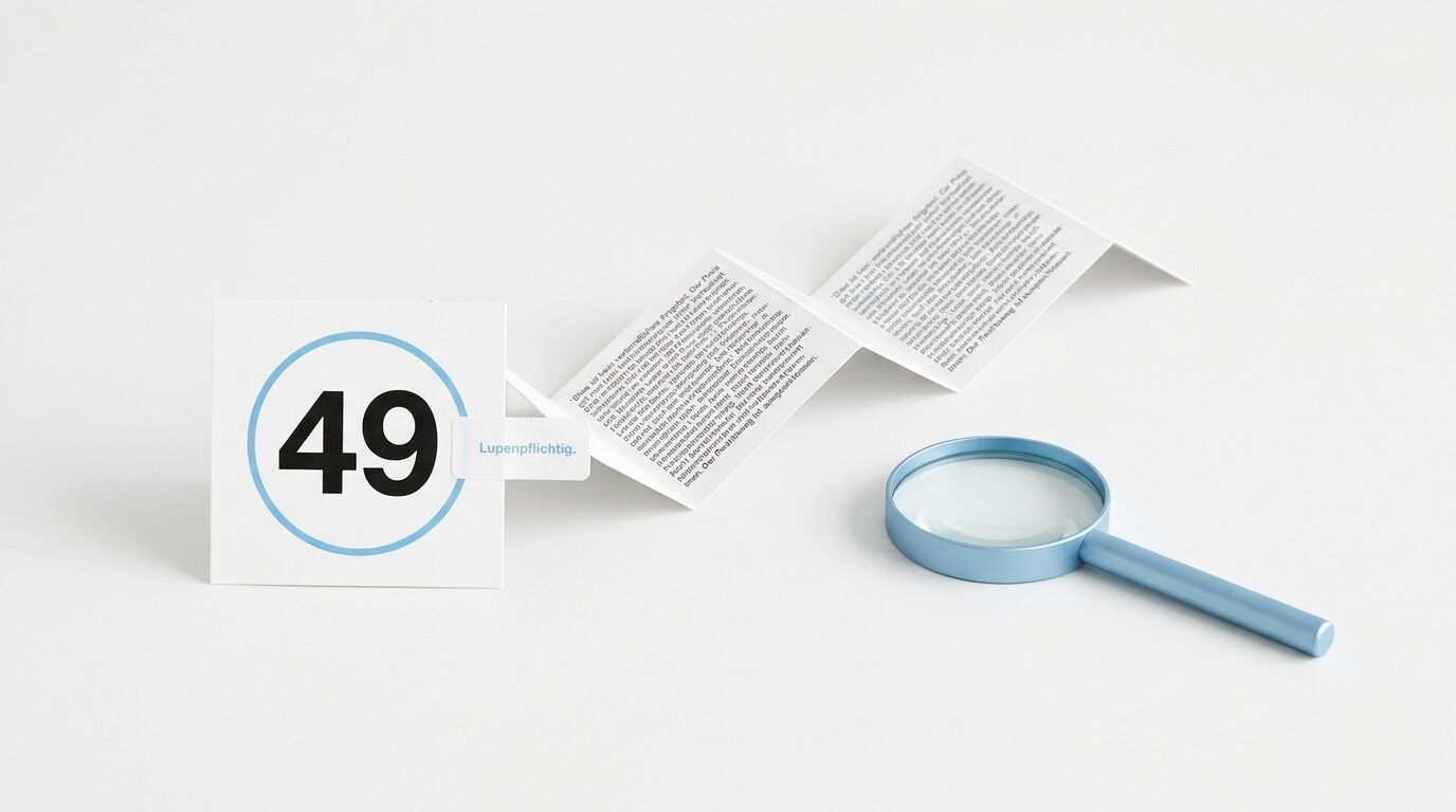 Weiße Karte mit Nummer 49 im blauen Kreis, aufgeklappte Broschüre und blaue Lupe auf grauem Hintergrund