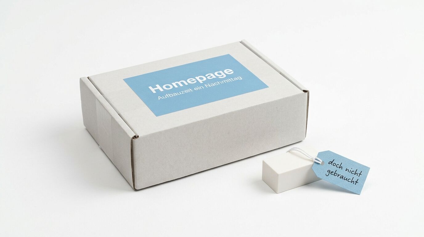 Weiße Pappe mit blauem Label "Homepage - Aufbauzeit ein Nachmittag" und blauem Anhänger "doch nicht gebraucht"